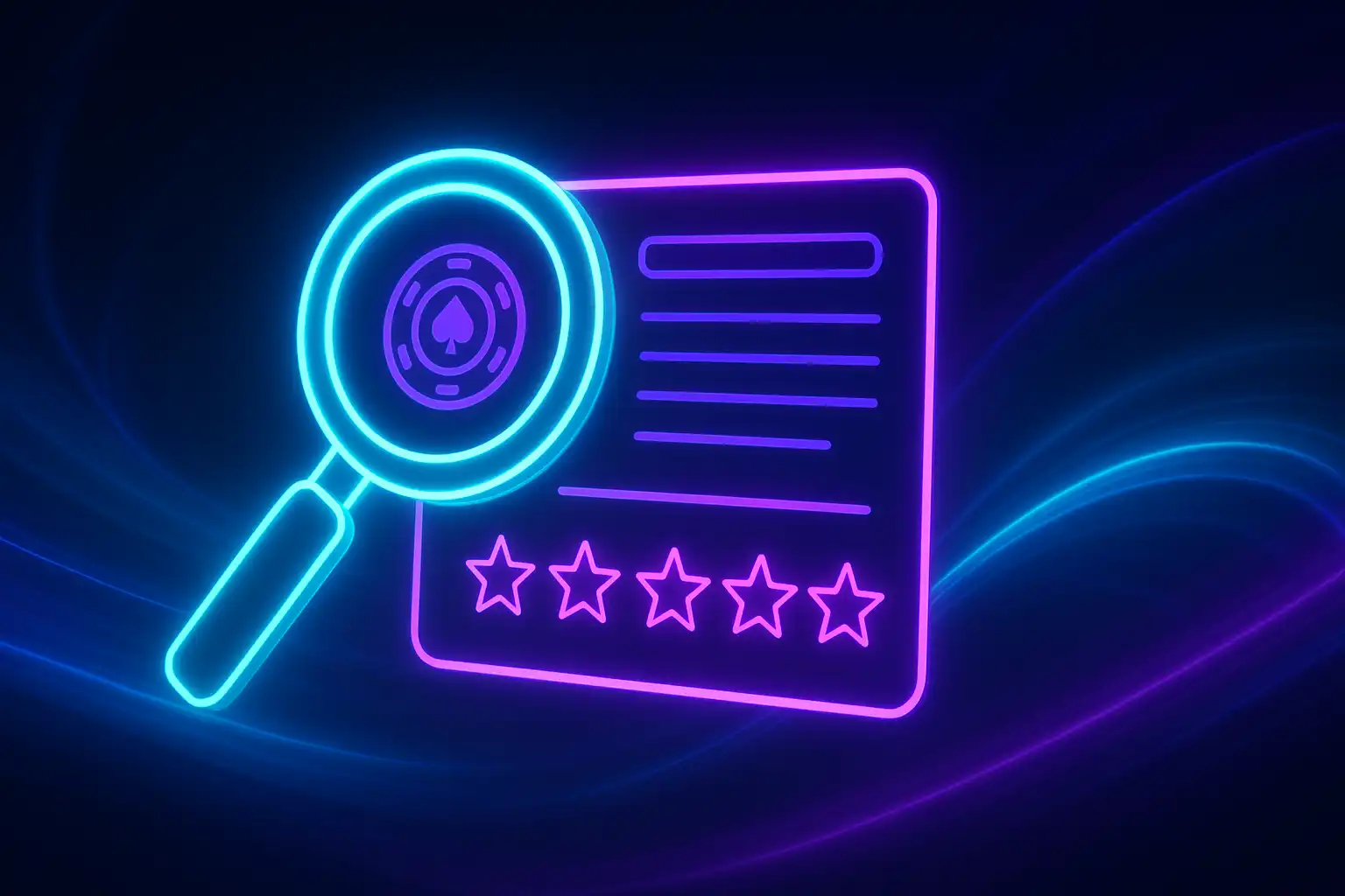 Glowing neon magnifying glass hovering over a digital casino scorecard