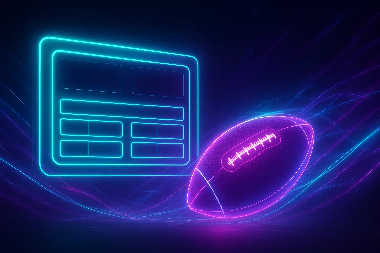 Glowing neon stadium scoreboard and football representing sportsbook betting