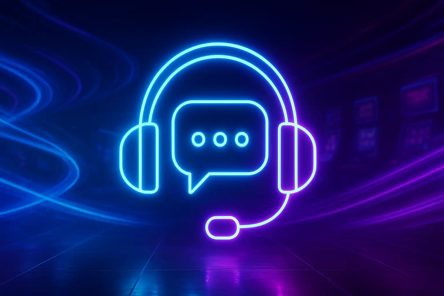 Glowing neon headset and chat bubble representing customer support